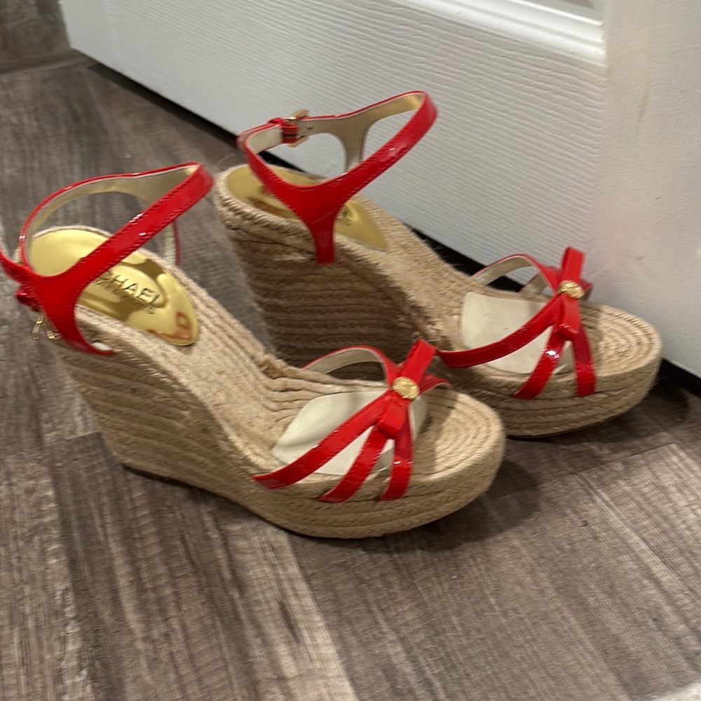 Michael Kors Red and Tan Wedge Espadrilles